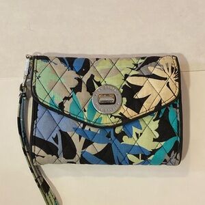 Vera Bradley Blue and Black floral Quilted Wristlet wallet 6”x7”